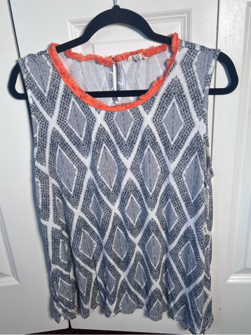 Tribal Navy and White Diamond-Print Tank with Orange fringe Trim